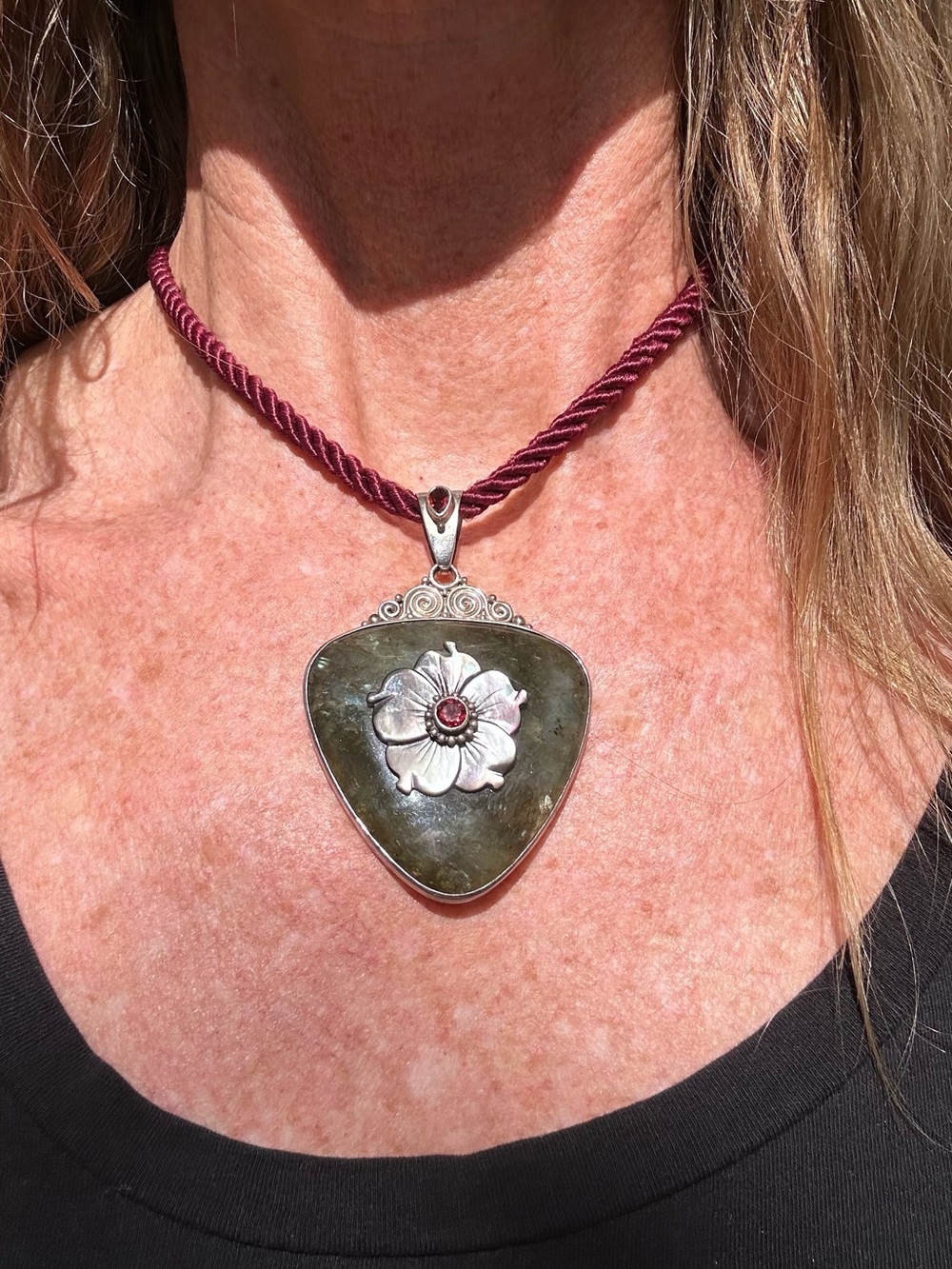 Handcrafted Green Stone Floral Pendant in 925 Sterling